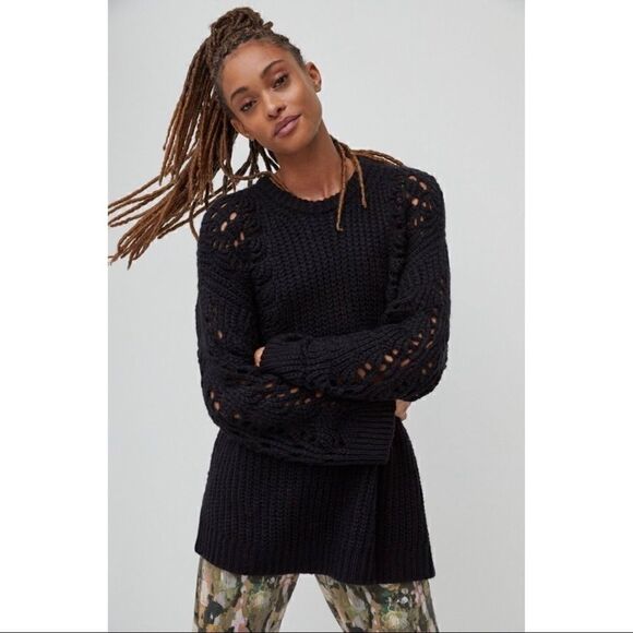 NEW Anthropologie Pilcro Devenne Pointelle Black Sweater Tunic Large Petite - Picture 3 of 4